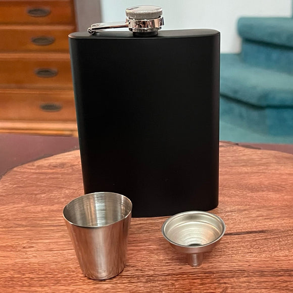 Hip flask with steel shot glass and funnel